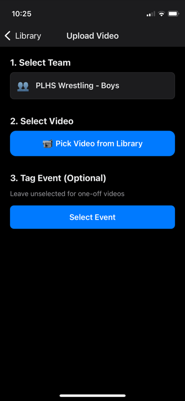 Upload footage screen