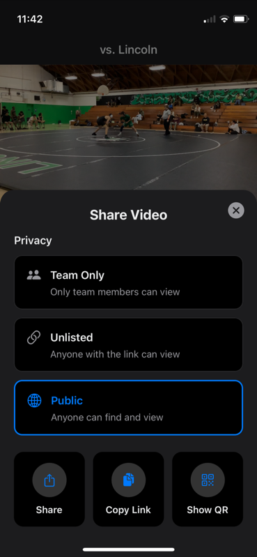 Video share options after setting to Public